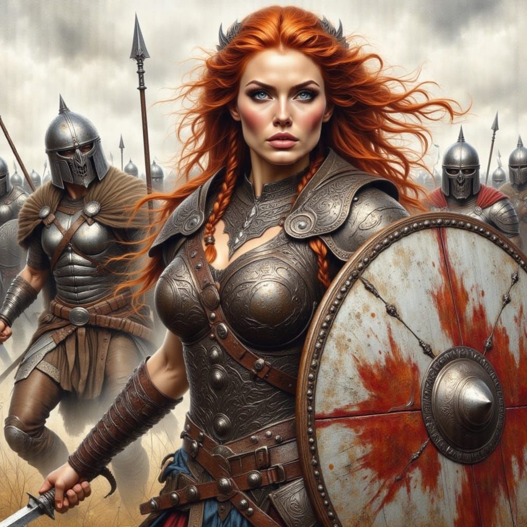 Boudica Battles Roman Legionary in Watercolor Comic Art