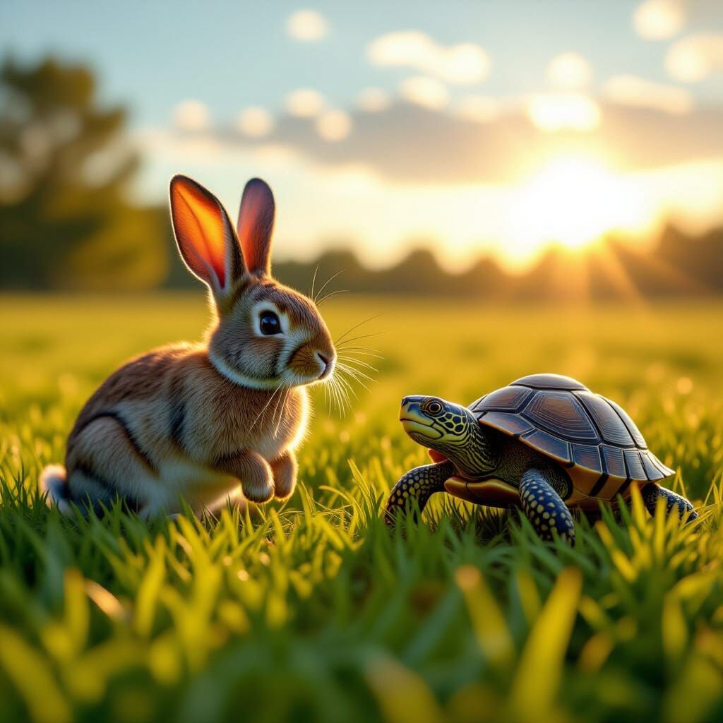 Rabbit and Turtle Race in Sunlit Fields