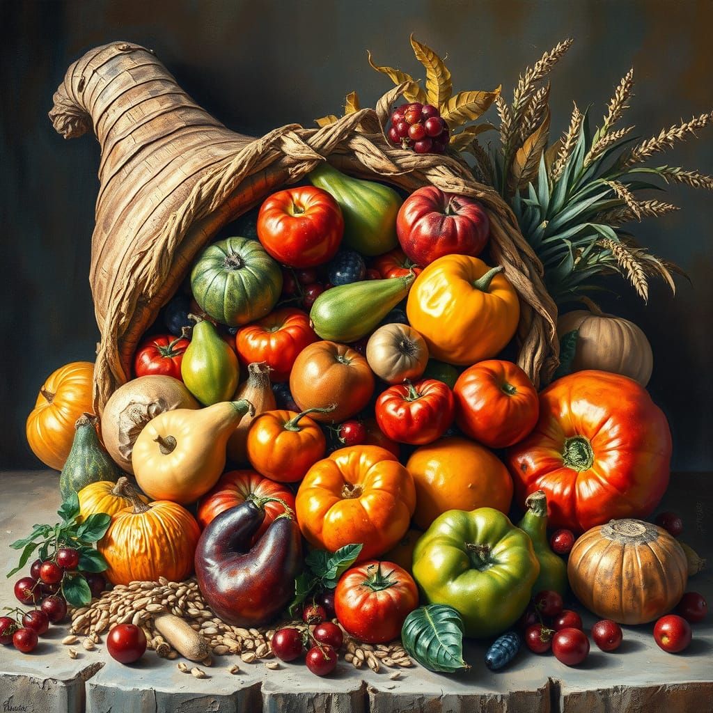 Cornucopia of Harvest Foods in Epic Impressionist Style