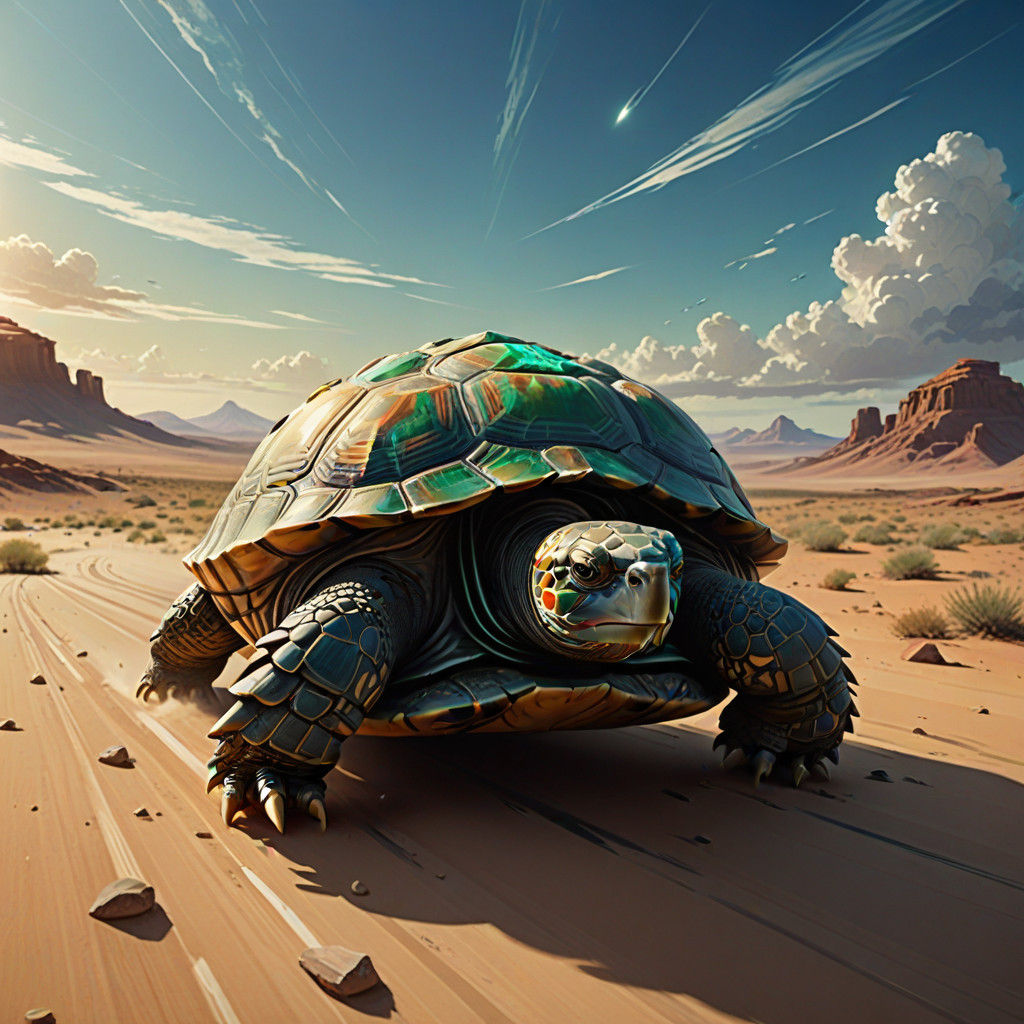 Tortoise with Emerald Shell Blurs Across Futuristic Desert L...