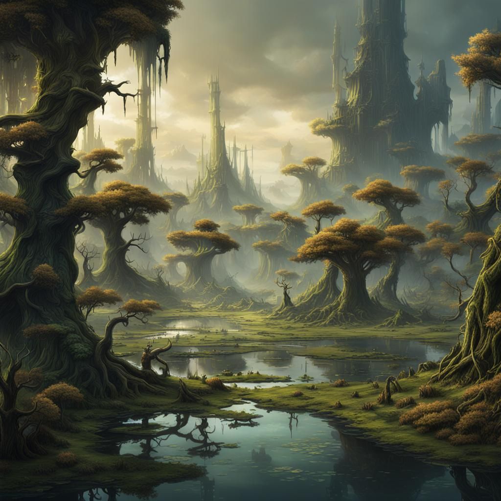 Detailed Swamp: Fantastical Matte Painting in Deep Color