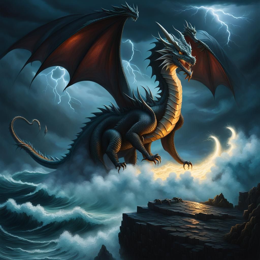 Dragon Perched on Cliff Under Moonlit Storm