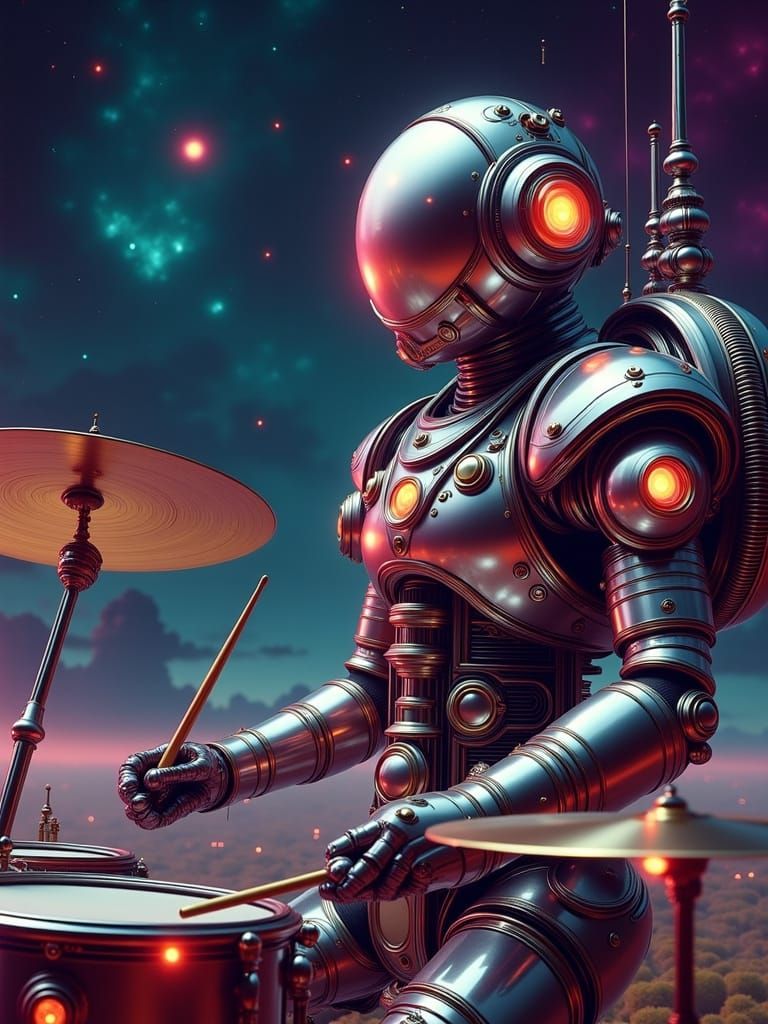 Futuristic Astronaut and Robot Drummer in 1950s Sci-Fi Style