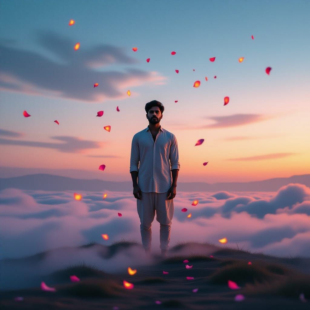 South Asian Man in Surreal Dreamscape at Twilight