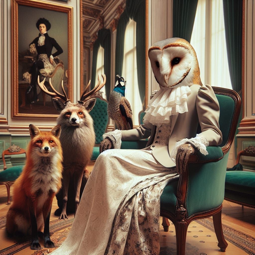 Surreal Owl-Headed Figure in Luxurious Salon
