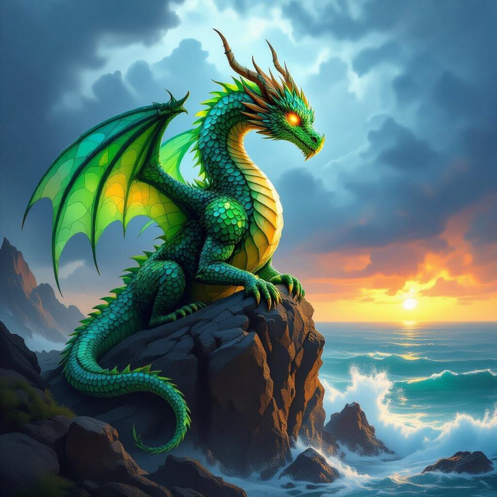 Sea Glass Dragon on Rocky Outcropping