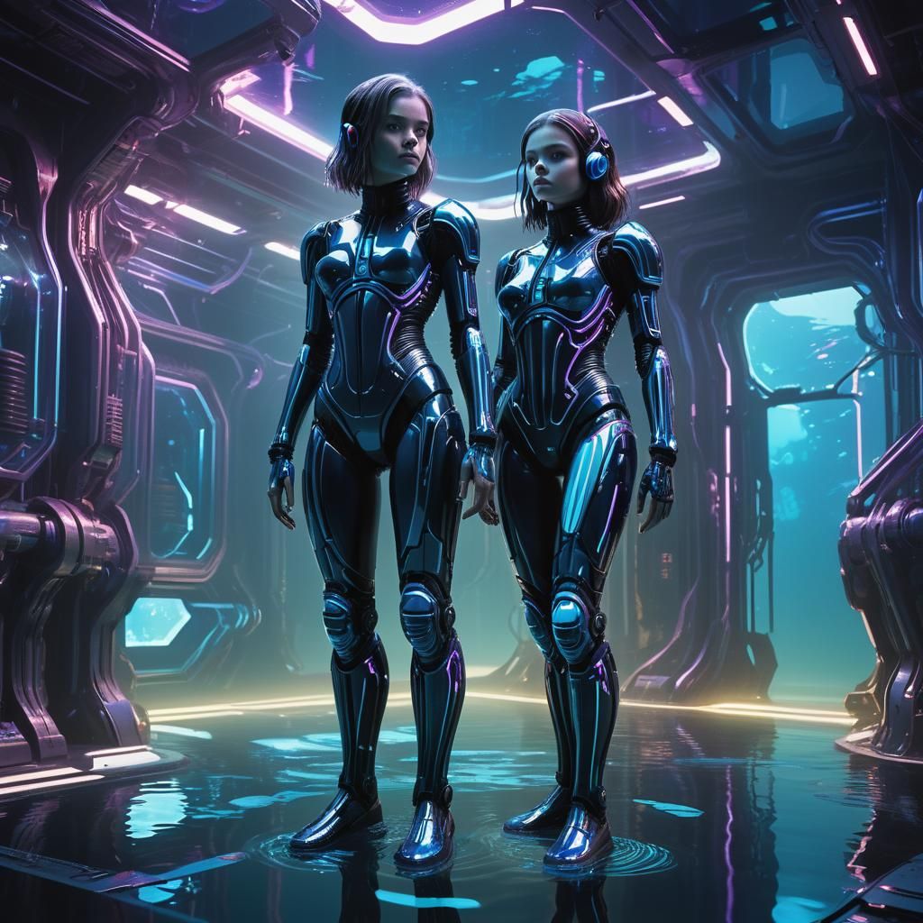 Girl in Underwater Lab: Surreal Synthwave Art