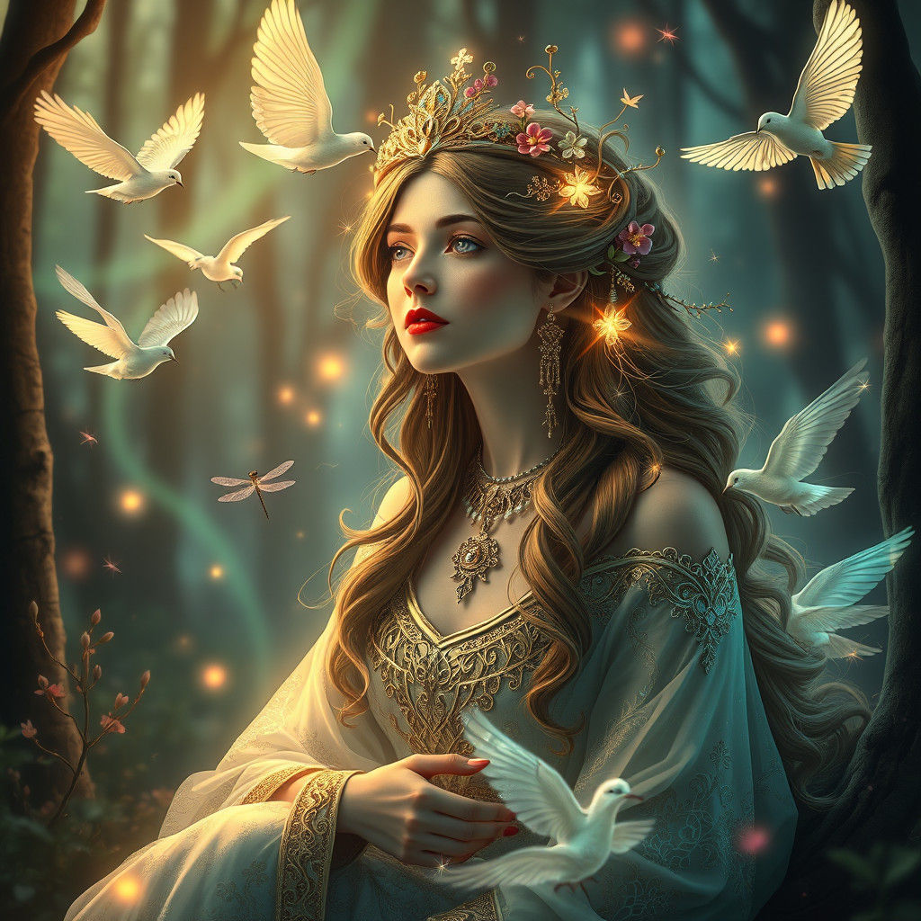 Ethereal Woman in Whimsical Forest with Aurora Glow