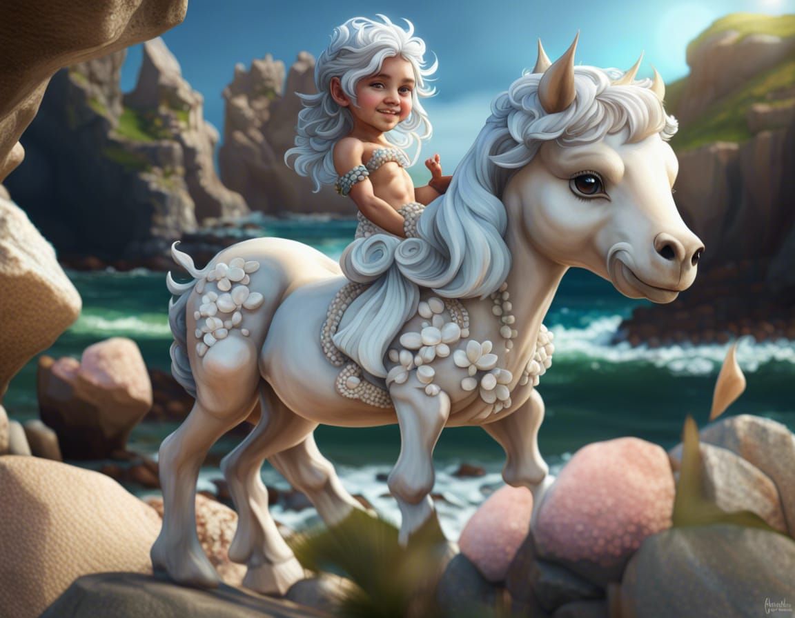 Chibi Centaur Portrait on Rocky Shore, 3D Render