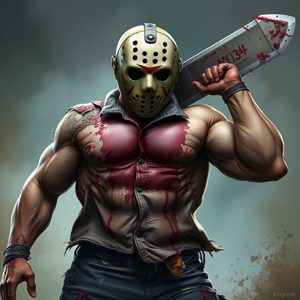 Muscular Jason Voorhees Flexes Machete in Hyperrealism