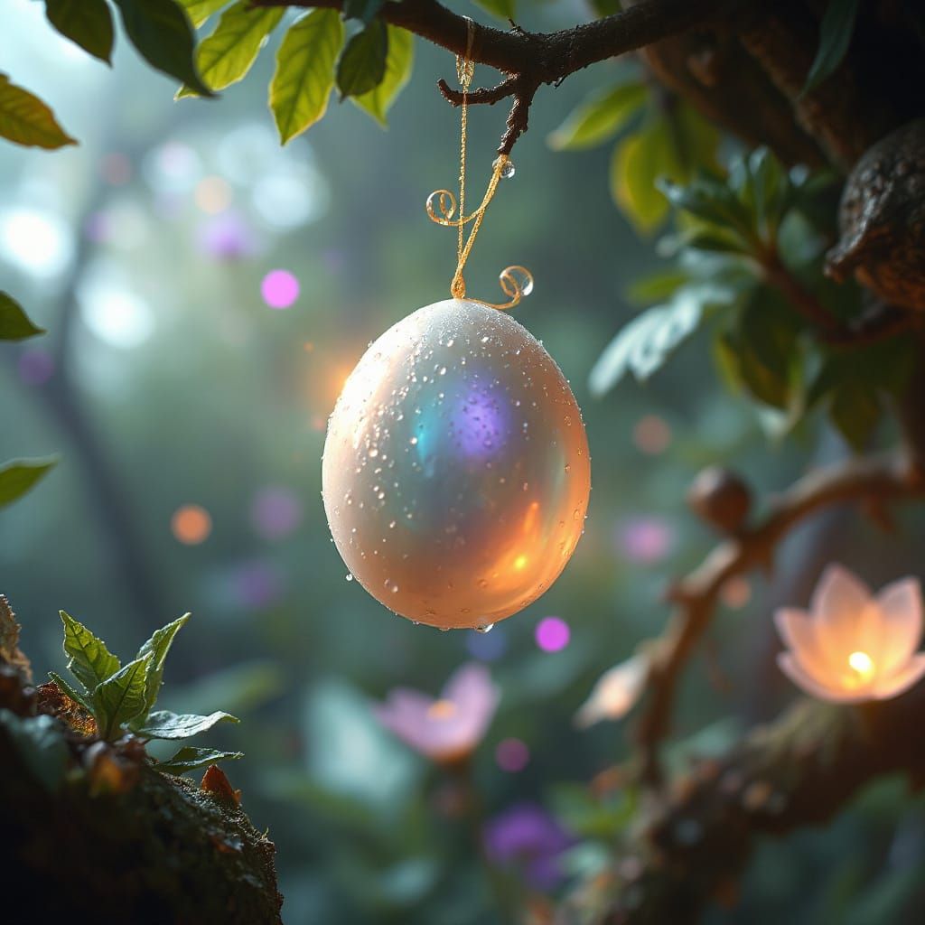 Ethereal Ovoid Blossoms Amidst Vibrant, Glowing Forest