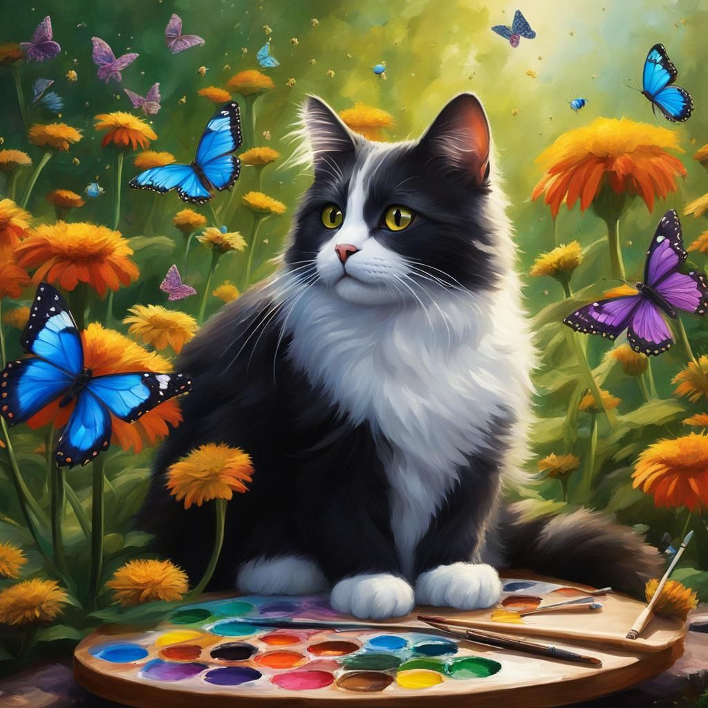 Cat with Artist's Palette in Oil Painting Style