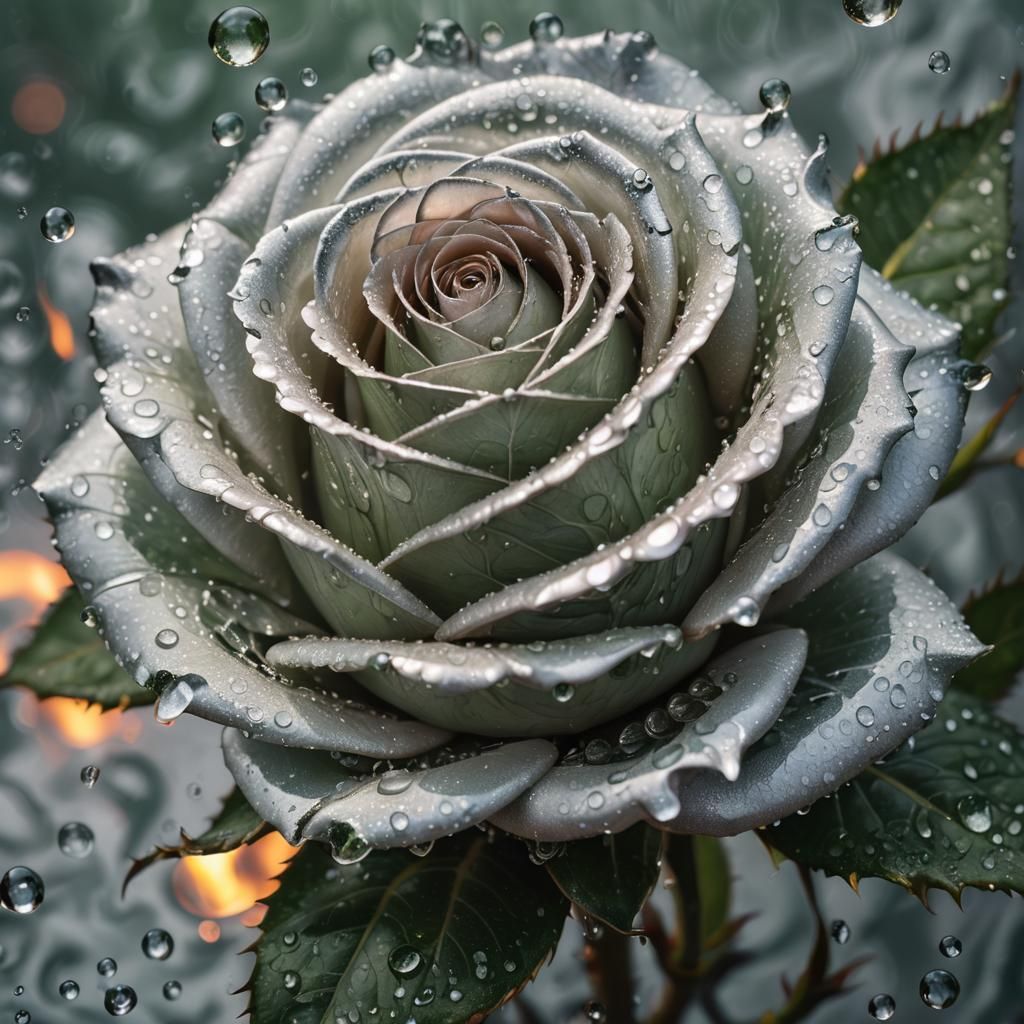 Flaming Silver Rose in Dreamlike Surrealism