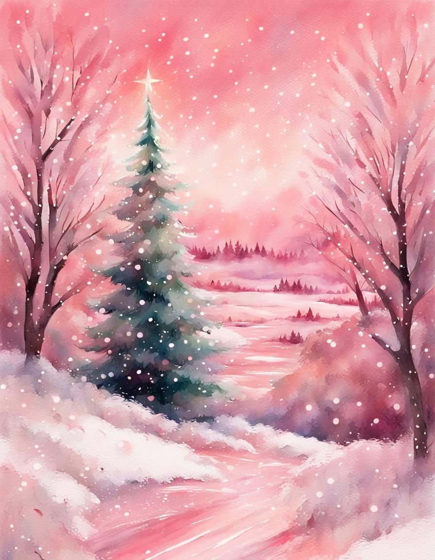 Pastel Pink Winter Landscape Christmas Card in Gouache