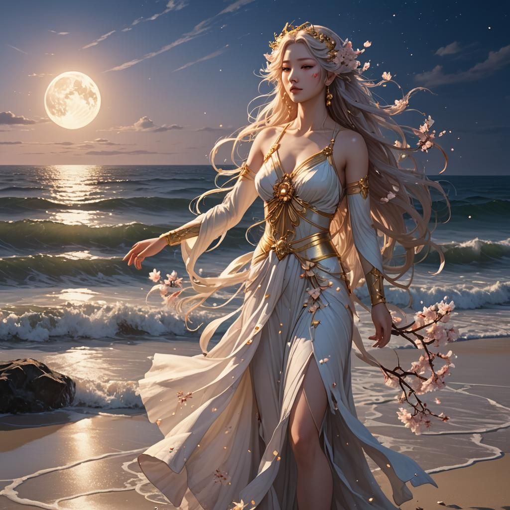 Celestial Goddess on Moonlit Beach
