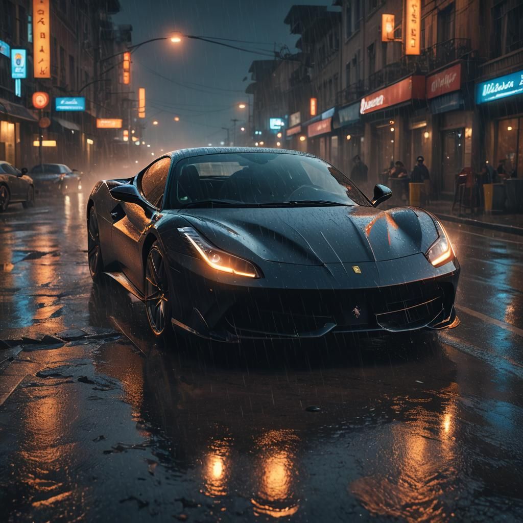 Dark Ferrari in Storm: Cinematic Film Still
