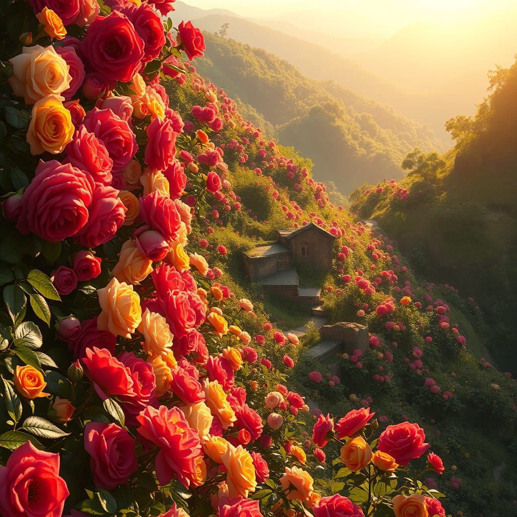 Roses Bloom in Vibrant Harmony on an Emerald Hillside