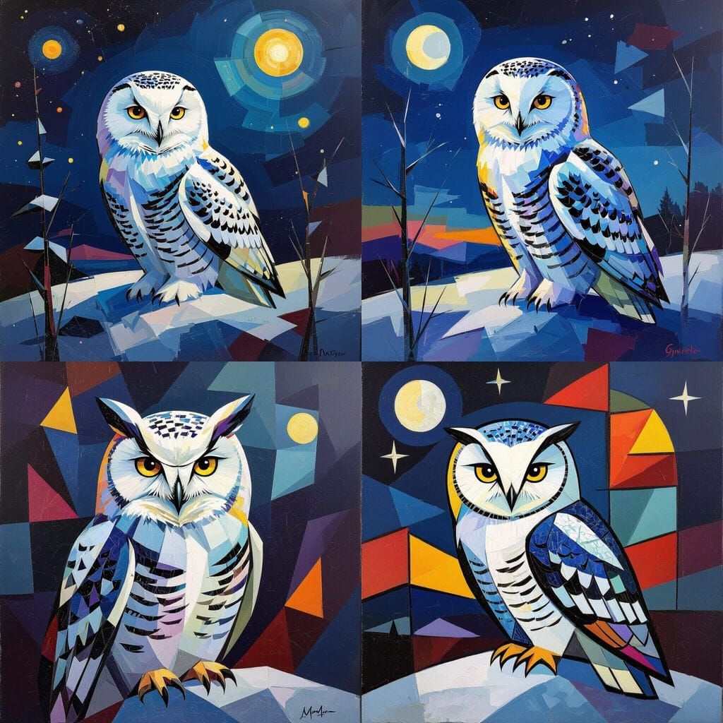 Abstract Snowy Owl in Vibrant Cubist Style