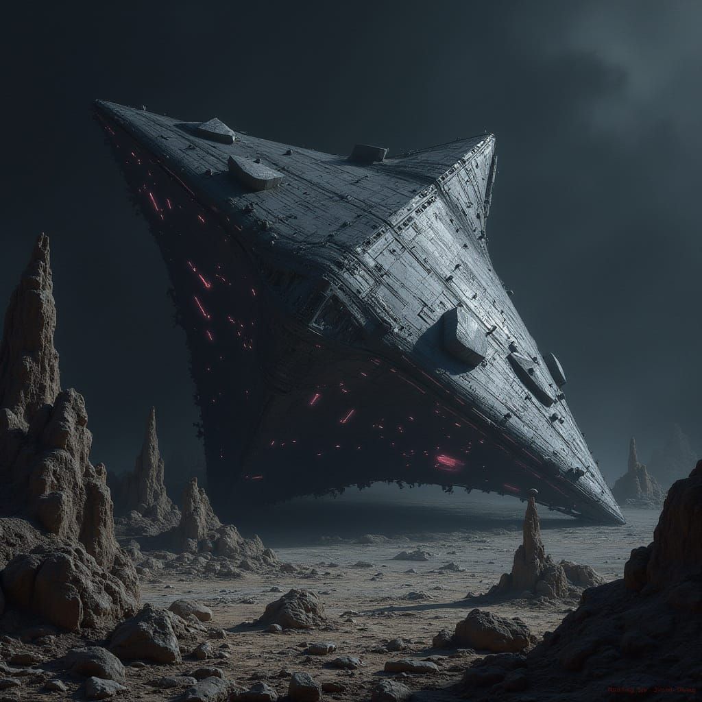 Crashed Star Destroyer on Alien Moon in Sci-Fi Style