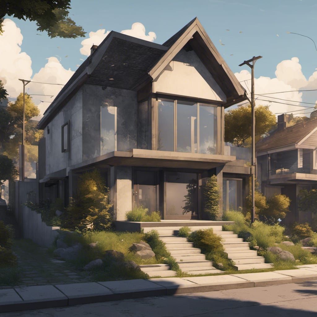 Modern One-Story House in City, Digital Art