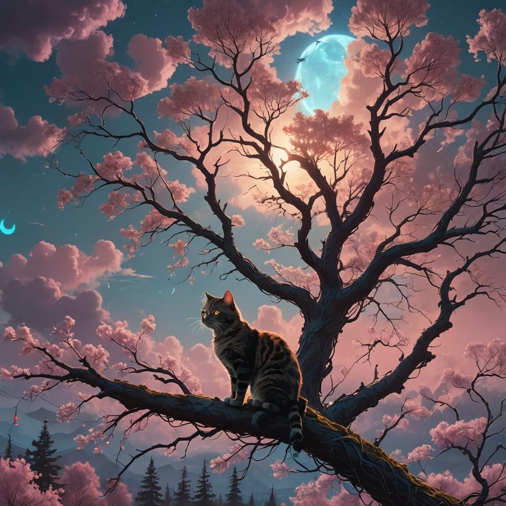 Mystical Cat on Glowing Tree Branch in Fantasy Art