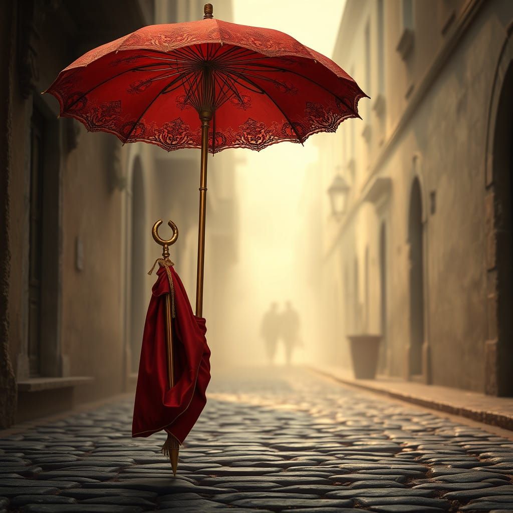 Exquisite, Majestic Umbrella Amidst Weathered Cobblestones