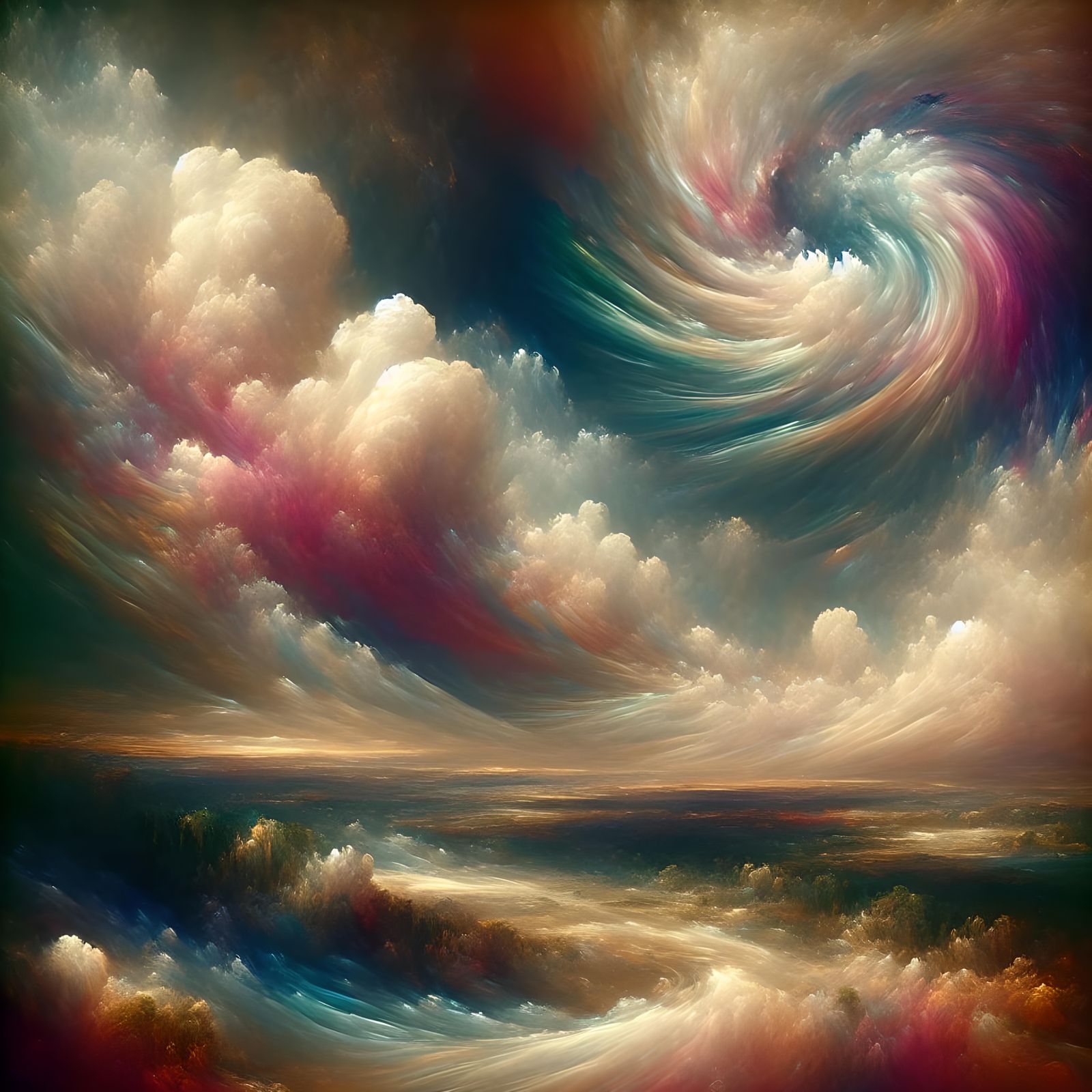 Iridescent Clouds Swirling in a Pastoral Landscape