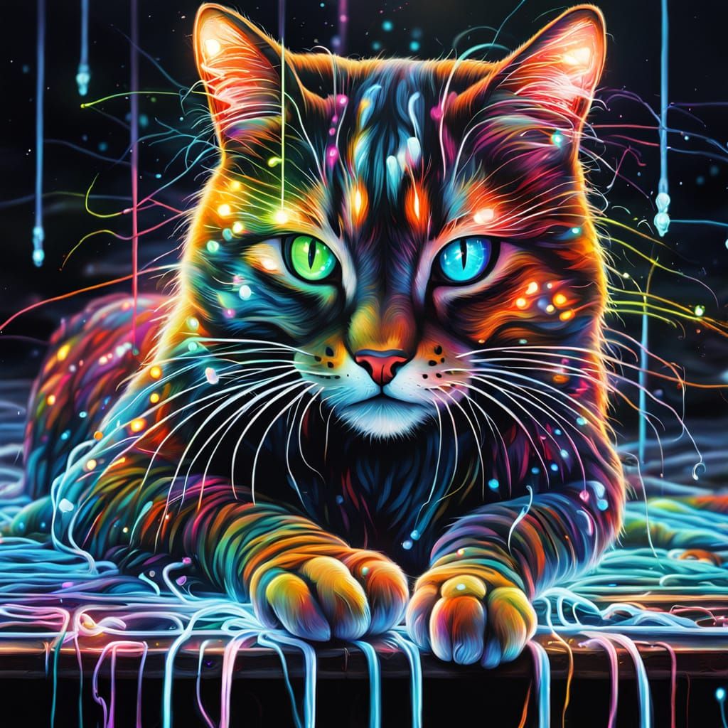 Vibrant Neon Cat with Bioluminescent Threads in Graffiti Sty...