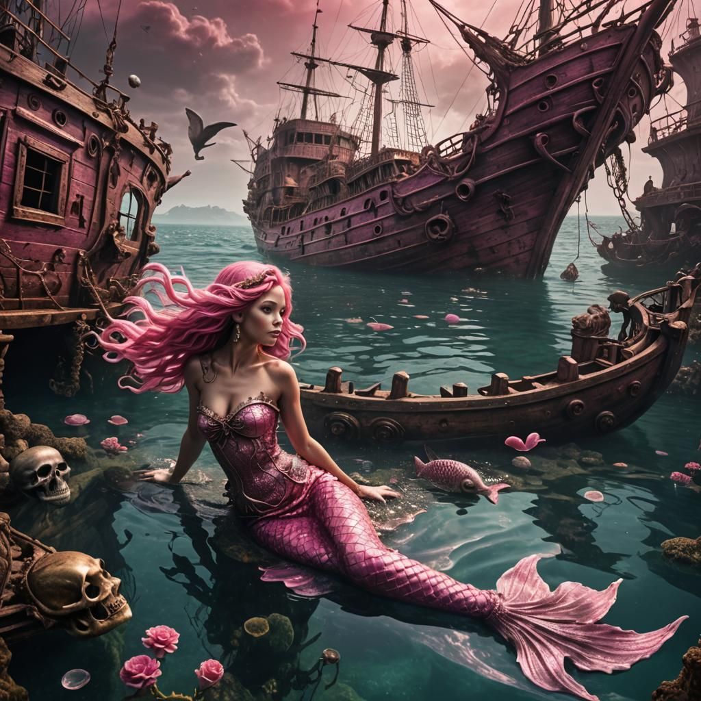 Pink Mermaid Escapes Sunken Pirate Ship