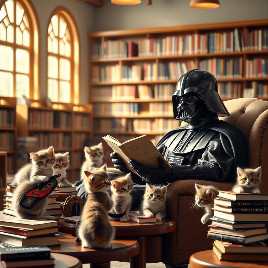 Darth Vader Reads to Kindergarten Kittens in a Sunlit Librar...