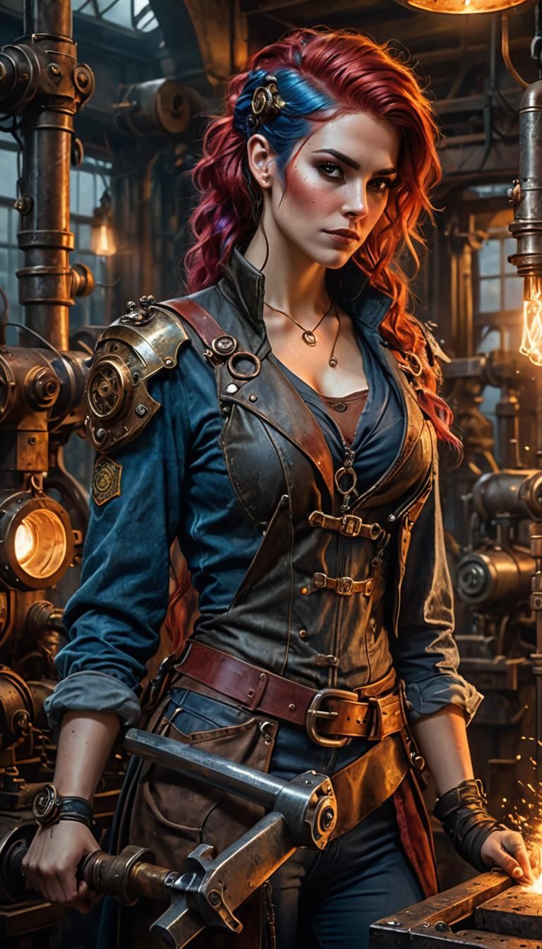 Steampunk Mechanic in Arcane Machine Shop Portrait
