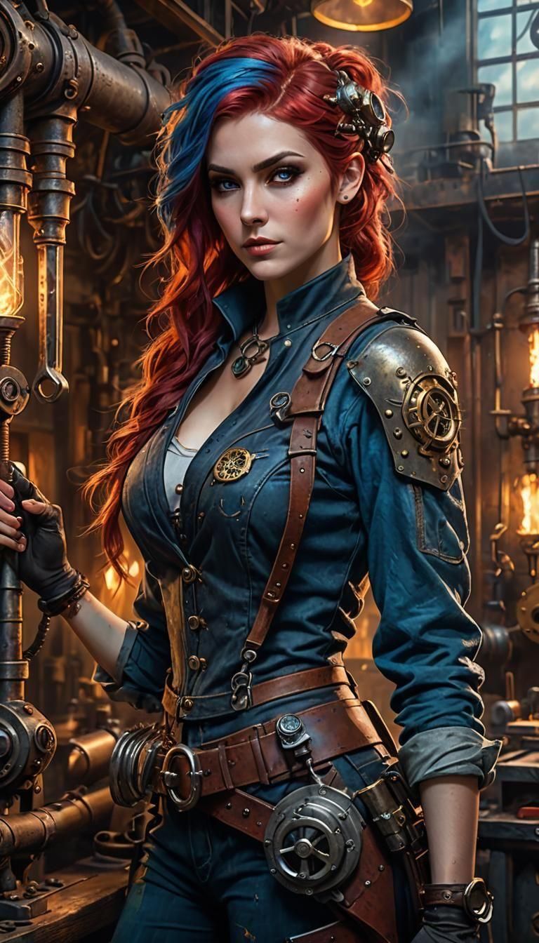 Steampunk Half-Elf Mechanic with Magical Wrench