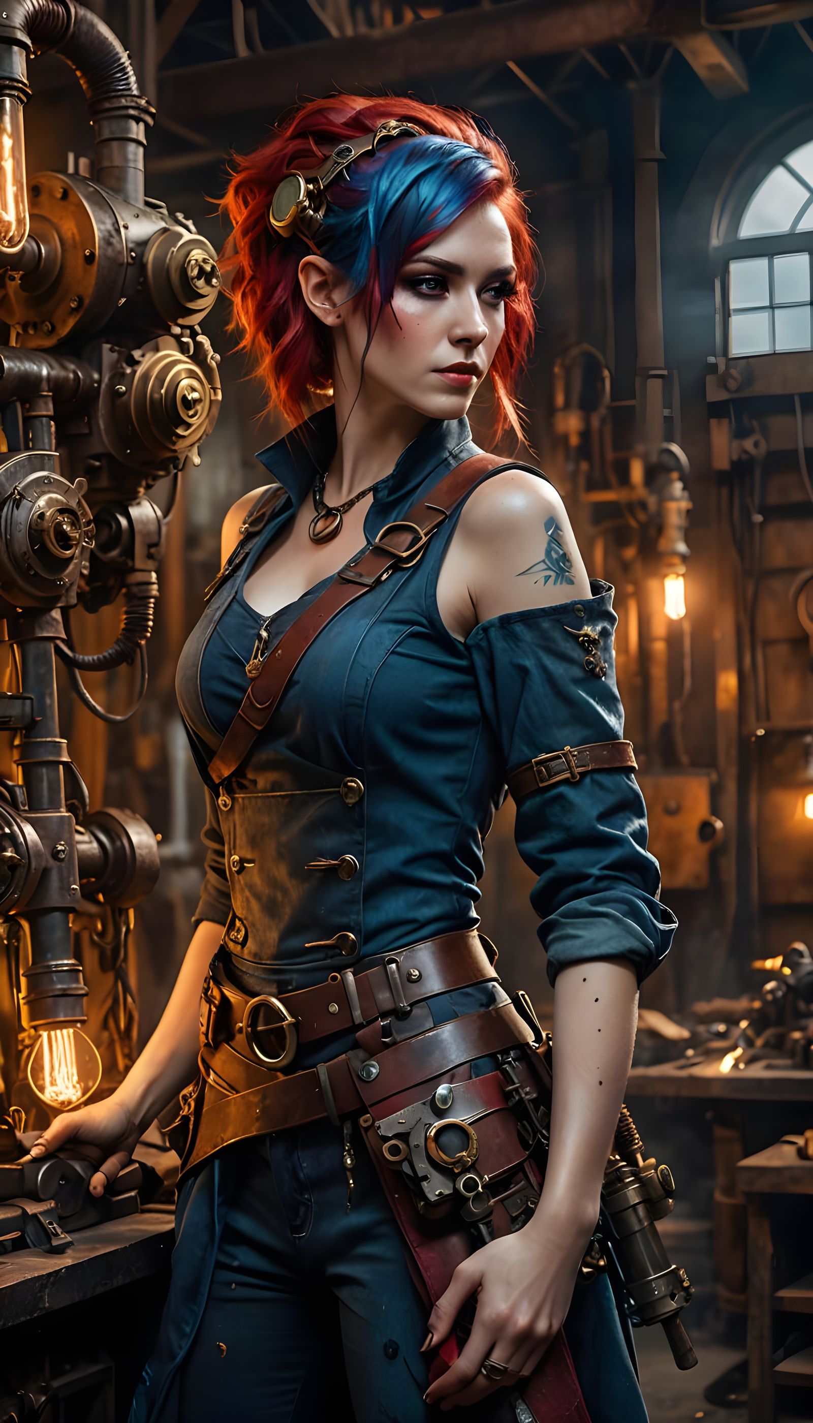 Steampunk Half-Elf Mechanic in Arcane Workshop