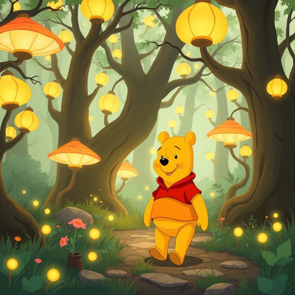 Winnie the Pooh's Whimsical Honey Hunt in a Dreamy Forest