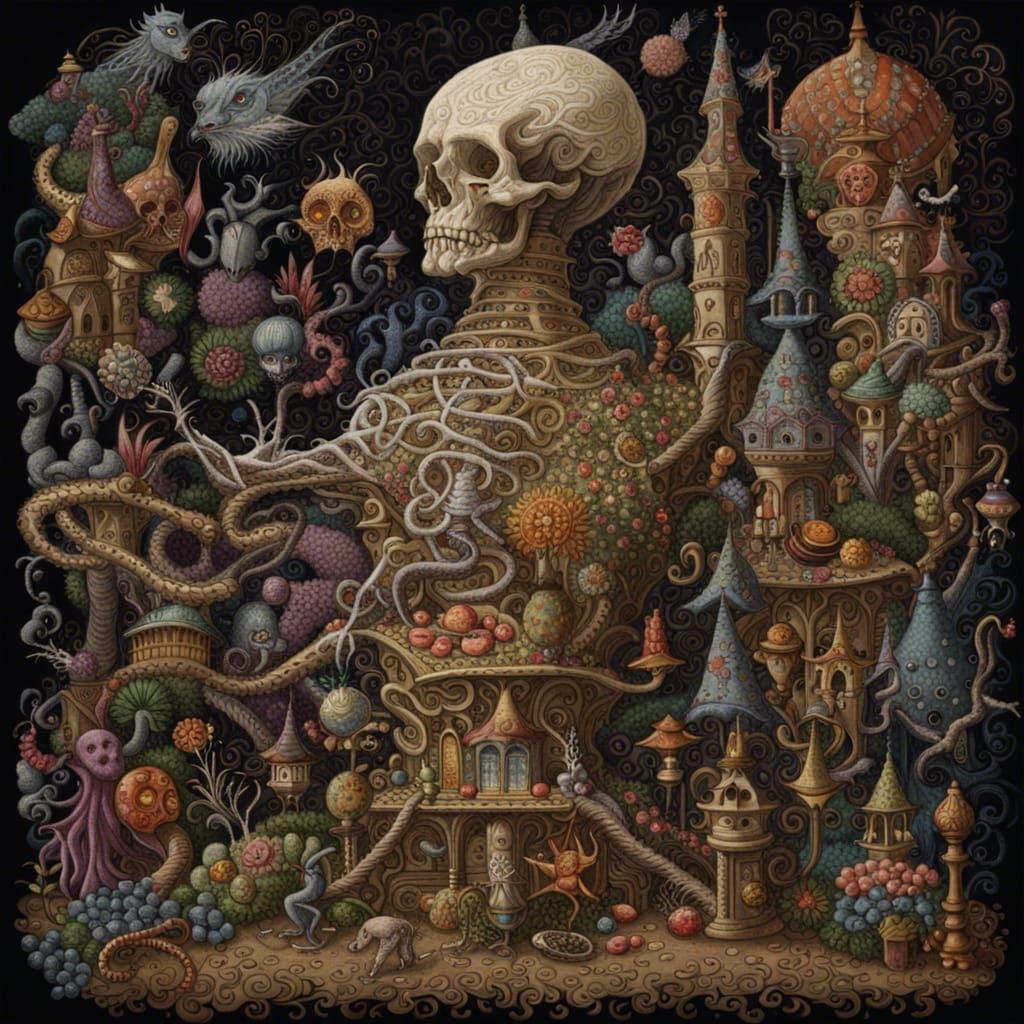 Intricate Surreal Spine Artwork in Filigree Style