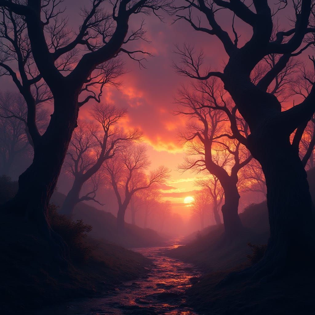 Ethereal Evening Sky with Dark Silhouetted Trees in Cyberpun...