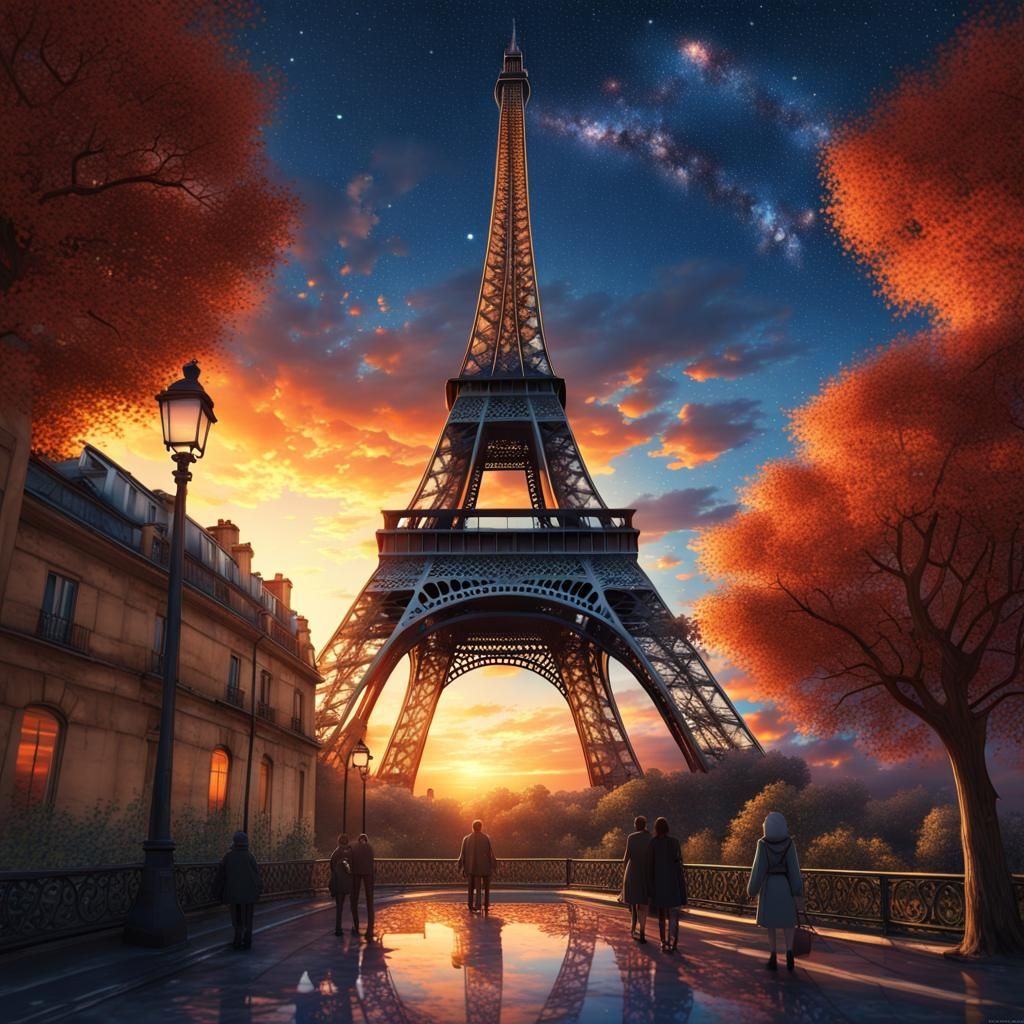 Eiffel Tower Sunset: Surreal Digital Illustration