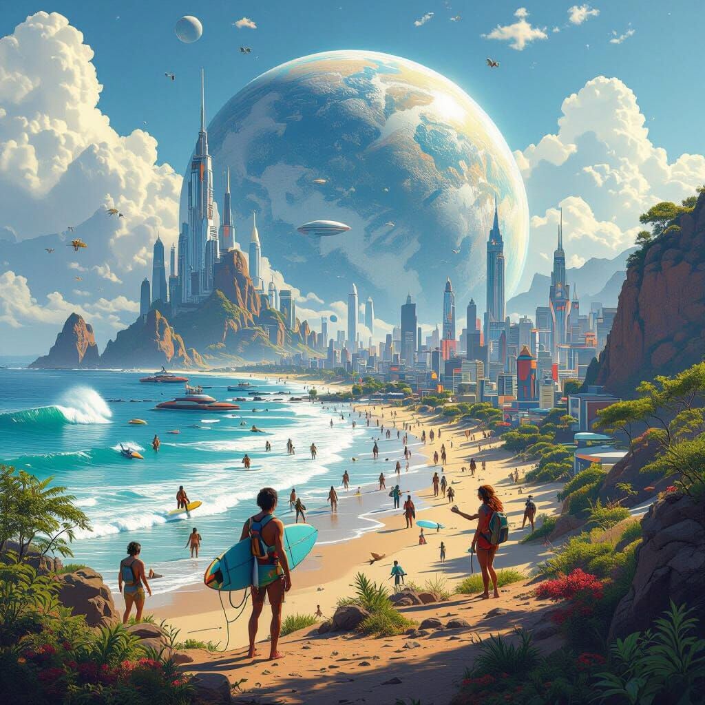 A Vibrant Planet of Diverse Activities: Syd Mead Style