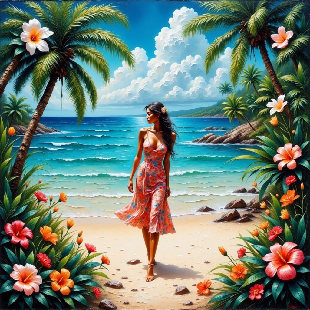 Woman in Floral Dress on Tropical Beach