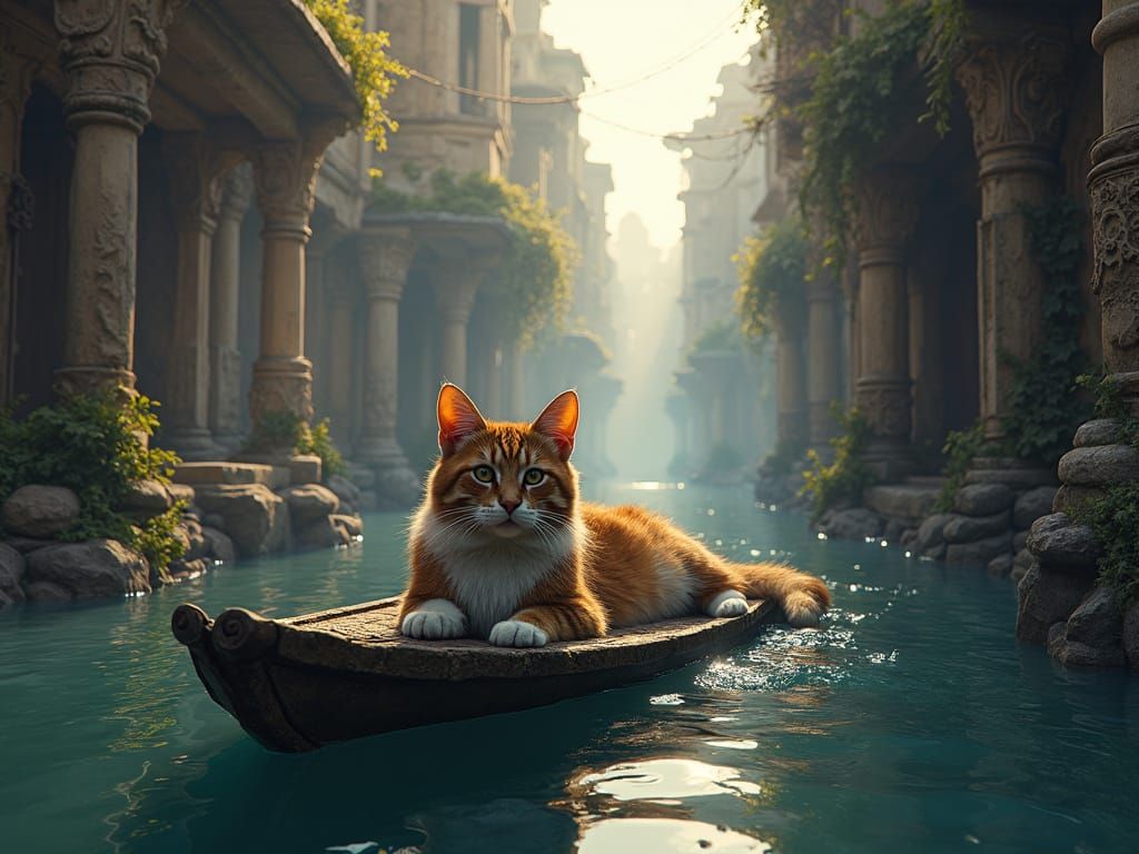 Regal Cat Rides Wooden Raft Down Mystical City Street
