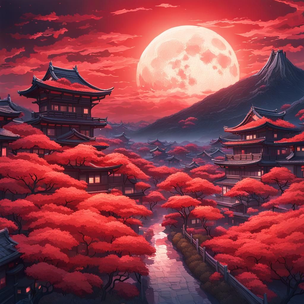 Blood Moon Over Japanese Houses: Digital Illustration