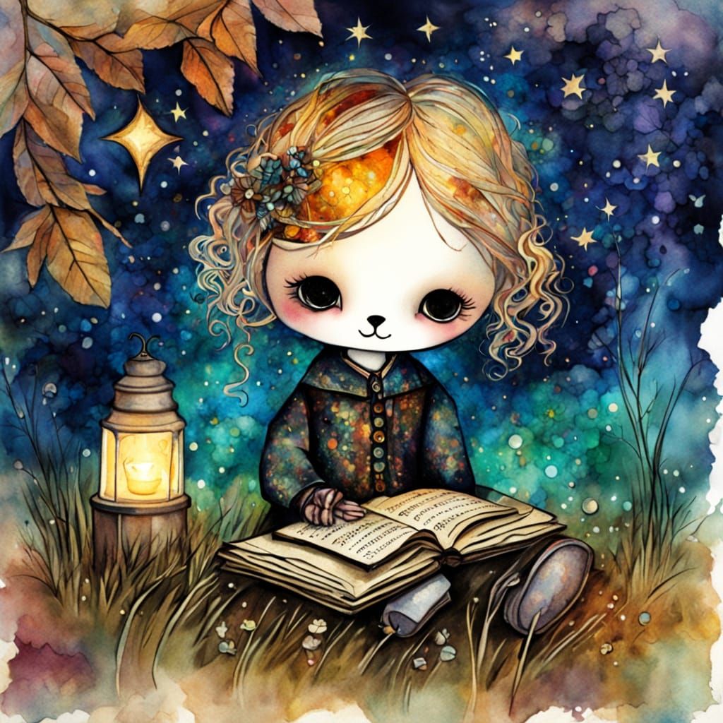 Whimsical Watercolor Girl Under Starry Autumn Sky