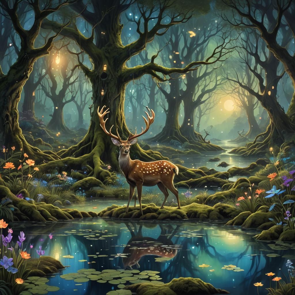 Enchanted Twilight Forest Glade with Bioluminescent Flora