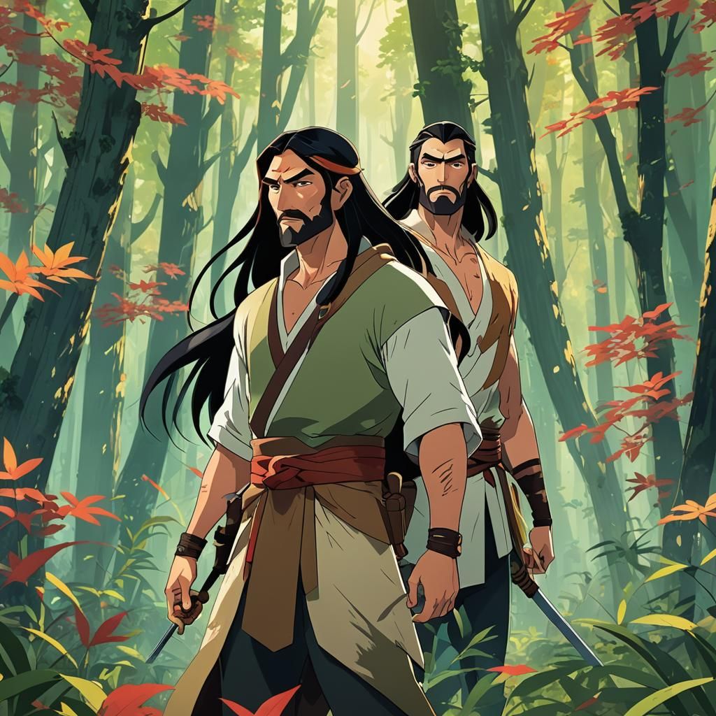 Pocahontas and Samurai Jack in Anime Style