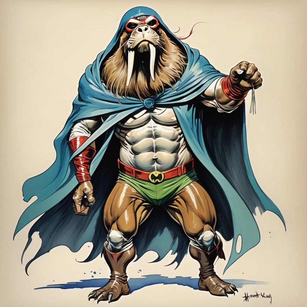Walrus Superhero in Style of Heinrich Kley