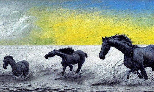 Demonic Horses Galloping on Beach in Impasto Style