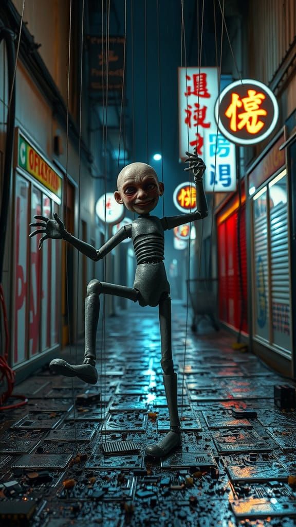 Grotesque Marionette Doll in Dystopian Cyberpunk Alley