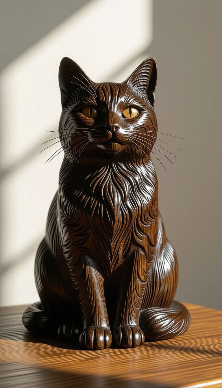 Detailed Wood Carved Cat Sculpture
