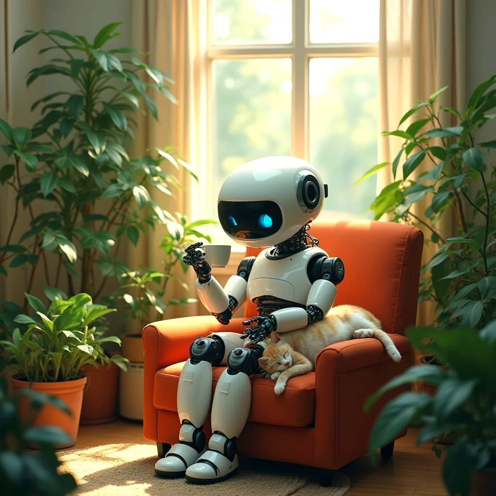 AI Robot Enjoys Tea With Cat in Plant Sanctuary