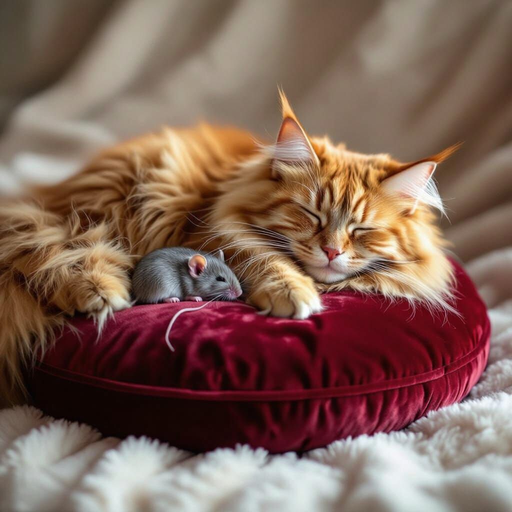 Hyperrealistic Ginger Maine Coon Cat Sleeps with Mouse